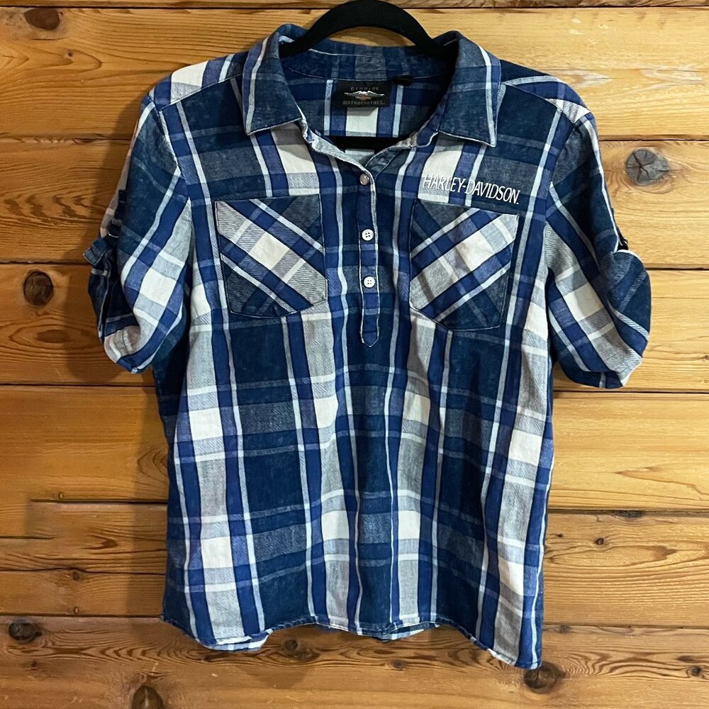 Harley Davidson Blue Plaid Short Sleeve Shirt Size Large